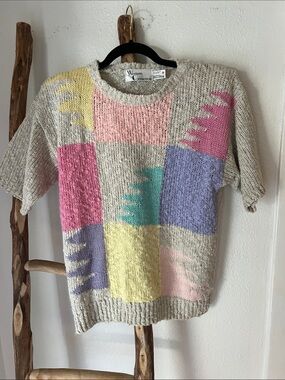 Western Connection Vintage Cream Pastel Patchwork Short-Sleeve Sweater Medium
